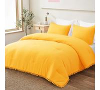 Exclusivo Mezcla Boho Pom Pom Ball Fringe King Size Duvet Set, 3 Piece Vibrant Yellow Lightweight Down Alternative Bedding Duvet Sets for All Seasons (1 Duvet and 2 Pillowcases)