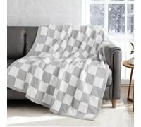 Exclusivo Mezcla Checkered Knit Throw Blanket, Ultra Soft and Warm Reversible Woven Blankets, Cozy Snuggly Throw for Couch Bed and Home Decor, Light Grey, 127x152 CM
