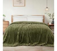 Exclusivo Mezcla Double Size Flannel Fleece Blanket, Super Soft Striped Jacquard Bed Blanket, Lightweight Fuzzy Cozy for All Seasons, 150x200 CM, Olive Green