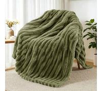Exclusivo Mezcla Fleece Throw Blanket for Sofa, Super Soft Striped Jacquard Bed Blanket, Lightweight Fuzzy Cozy for All Seasons, 127x152 CM, Olive Green