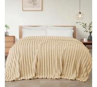 Exclusivo Mezcla Queen Size Flannel Fleece Blanket, Super Soft Striped Jacquard Bed Blanket, Lightweight Fuzzy Cozy for All Seasons, 230x230 CM, Beige