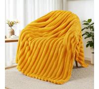 Exclusivo Mezcla Soft Striped Fleece Blanket, Yellow Fluffy Sofa Bed Throw | Lightweight Cozy Breathable Throw Blanket for Adults, Stylish Jacquard Blanket for Bed, Living Room, All Seasons, 127x152cm