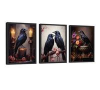EXCOOL CLUB Black Raven Wall Art - 12x16 Vintage Ravens Poster, Victorian Crow Art Dark Academia Prints, Moody Decor Aesthetic Halloween Pictures Gothic Paintings for Home Bedroom (UNFRAMED)