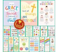 Excool Club Sunday School Decorations For Classroom - 24 Book Of The Bible Posters For Kids, Ten Commandments Fruit Of The Spirit Wall Art, Bible Study Supplies For Christian Classroom Decor (11"x17")