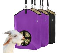 Excoutsty 3 PCS Goat Hay Feeder,Hay Bags for Horses,Goats,Donkeys with 600D Oxford Fabric and High Strength Metal Clasp,Horse Feeding Supplies with Adjustable Strap for Easy Hanging (2Purple+1Black)