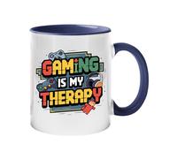 Excudo Trade LTD Gaming is My Therapy Color Mug Gamer Coffee Cup with Colored Handle Funny Style Gaming Gift with Headphones & Controllers Retro Video Game Quote for Work or Home - Dark Blue