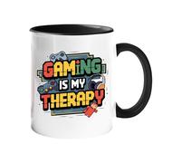 Excudo Trade LTD Gaming is My Therapy Color Mug Gamer Coffee Cup with Colored Handle Funny Style Gaming Gift with Headphones & Controllers Retro Video Game Quote for Work or Home - Black