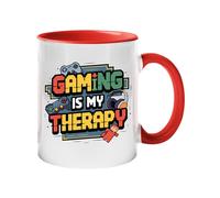 Excudo Trade LTD Gaming is My Therapy Color Mug Gamer Coffee Cup with Colored Handle Funny Style Gaming Gift with Headphones & Controllers Retro Video Game Quote for Work or Home - Red