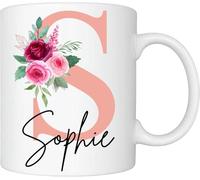 Excudo Trade LTD Personalised Floral Mug Stylish Initial Name Customised Gift Valentines Day Birthday Christmas for Mom Dad Friends Girlfriend Boyfriend, 11oz Ceramic Coffee Tea Cup Rose Gold