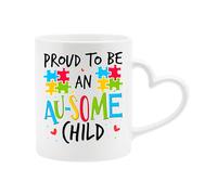 Excudo Trade LTD Proud to Be an Ausome Child Heart Handle Mug Autism Awareness Gift with Puzzle Pieces Colorful Inspirational Coffee Cup for Kids Celebrating Birthday Present Pride - White