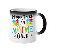 Excudo Trade LTD Proud to Be an Ausome Child Magic Color Changing Mug Fun Heat Reveal Autism Awareness Gift Surprise Puzzle Cup for Kids Support Birhtday Children with Joyful Inspiring Design - Black