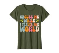 Excuse Me While I Travel The World T-Shirt, Women, Olive Green, Medium