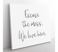 Excuse the Mess Modern Typography Quote Canvas Wall Art Print Ready to Hang, Framed Picture for Living Room Bedroom Home Office Décor, 50x50 cm (20x20 Inch)