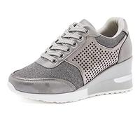 EXECAB Women Wedge Trainers 3.15" Heel Ladies Lace Up Sneakers Non-Slip Hidden Heel Platform Shoes Walking Wedding Shoes,Grey,5 UK