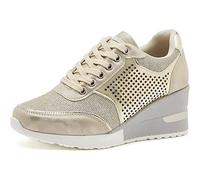 EXECAB Women Wedge Trainers 3.15" Heel Ladies Lace Up Sneakers Non-Slip Hidden Heel Platform Shoes Walking Wedding Shoes,Gold,5 UK