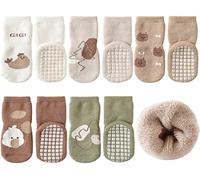 Exemaba Baby Socks with Grips Winter - 5 Pairs Toddler Cartoon Animal Floor Non Slip Socks Kids Thick Warm Anti Slip Socks for Girls Boys(D1-5 Colors,M/1-3 Years)