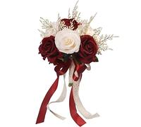 EXENXA Wedding Bouquets for Bride, Champagne White & Burgundy Rose Bridal Bouquets for Bride, Artificial Flower Bouquet for Wedding Church Home Decoration