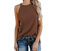 Exercise Top Fashion Women Breathable Loose Hanging Neck Solid Color Knitted Vest Spaghetti Straps Crew Neck Tank Tops for Young Girls Coffee