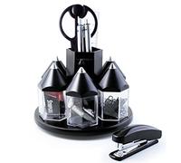 EXERZ Black Desk Organiser, Rotating Pen Tidy with 5 Accessory Boxes, Stationery Included