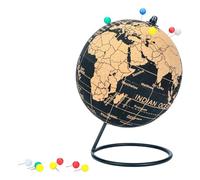Exerz Cork Globe 14cm Pinnable English Map with Pins, Black Stand | Natural surface, travel memory marker, desktop decor, learning gift, 12 colourful tacks