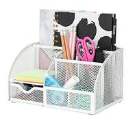 EXERZ Desk Organiser 7 Compartments Metal Mesh Pen Holder Caddy White