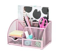 EXERZ Desk Organiser/Mesh Desk Tidy Caddy/Pencil Holder Multifunctional with 7 Compartments- Light Pink