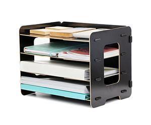 EXERZ Letter Trays 4 Tiers Wooden Office File Organiser, Document Desk Organiser A4 - Black