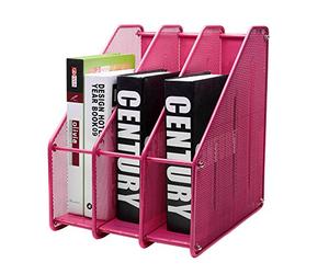 EXERZ Magazine Holder Triple Rack, Mesh Metal - 3 Compartments Vertical - Documents/ Notebooks/ Folder/ Organiser (Pink)