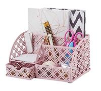 EXERZ Mesh Metal Desk Organiser With 7 Compartments And Drawer Light Pink