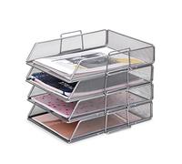 EXERZ Paper Sorter 4pcs Tier Stackable A4 Desk Organiser Letter Tray Silver | Durable Metal Mesh Holds Papers Files Folders Notebooks And Magazines For Office Home Study Classroom Desks