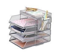 EXERZ Paper Trays 6pcs A4 Stackable Sorters Top Tray Side Basket Silver