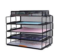EXERZ Stackable Paper Sorters 4pcs with an Accessory Organiser/ 4 Tiers Letter Trays with Extra Divider Memo Holder On Top - Desk Organiser Office, School, Home