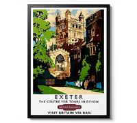 Exeter Print, England Travel Poster, Vintage UK Railway Wall Art, Retro tourism Postcard Home Decor Gift Idea, Archival Matte, A4 (Framed) - 29.7x21cm