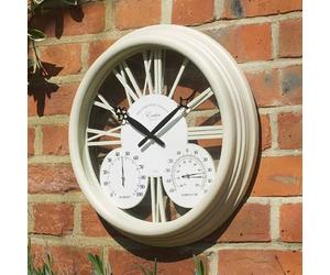Exeter Wall Clock & Thermometer - Battery Powered Weatherproof Indoor Outdoor Home Garden Quartz Clock with Roman Numerals, Temperature & Humidity Dials - Measures H38.5 x W38.5 x D6cm, Cream