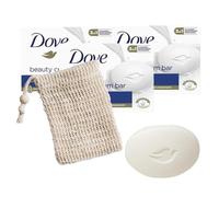 Exfoliating Moisturising Soap Bar Bag Bundle with 3x Dove Cream Bar Soap 100g, 1x Natural Sisal Soap Saver Bag Pouch