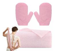 Exfoliating Towel Gloves Set,Including 1 pcs Exfoliating Shower Towel with 1 Pair Shower Gloves for Body Scrub,Back Extra Long Exfoliating Washcloth for Men Women - Pink