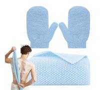 Exfoliating Towel Gloves Set,Including 1 pcs Exfoliating Shower Towel with 1 Pair Shower Gloves for Body Scrub,Back Extra Long Exfoliating Washcloth for Men Women - Blue