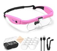 Exgoon Magnifying Glasses with Light, 1.5X to 5X Magnifying Glass with 4 Detachable Lenses, Hands Free Rechargeable Headband Magnifier for Close Work Hobbies Reading Crafts Jewelry (Pink)