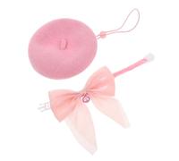 EXHUMKY Adjustable Wool Cat Bowtie Collar with Bell and Pink Beret Hat Set for Kittens and Small Dogs Soft Lightweight Pet Accessories for Outdoor Safety and Festive Occasions