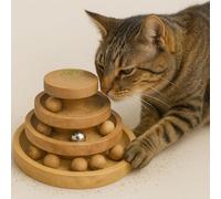 Eximious India Interactive Cat Toy Tower, 3-Tier Track Ball with Bell, Natural Wood, 8 x 8 x 4 inches