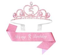 EXIPSAT Pink 5th Birthday Crown Sash Set, Suitable for 5 Year Old Girls, Birthday Jewellery Set with Glitter Crown and Pink Sash