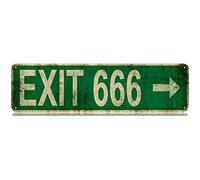 Exit 666 Slim Tin Sign Street Funny Metal Sign Wall Decor for Bedroom Farm Home Bar Garage Man Cave Wall Art Gift 16 x 4 Inch