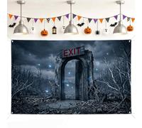 EXIT Backdrop, Gothic Dark Door Trees Halloween Black Background Banner for Family Gathering Celebration Photo Shoot 71x43 Inch