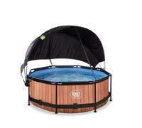 EXIT Toys Wood Pool with Sun Canopy - ø8x2.4ft - Compact, Round Frame Pool with Cartridge Filter Pump - Optimal UV Protection - Easily Accessible - Strong Frame - Unique Design - Brown