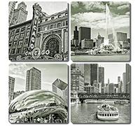 EXIT82ART - Stone Drink Coasters (Set of 4). Iconic Chicago. Sepia Toned, Tumbled Stone, Cork-Backed.