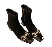 EXKURPOO Women's Boots Women's Short Boots Fashion Chunky Single Fall Square Head Buckle Stitching Suede Side Zipper(35)