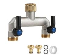 EXLECO 2-Way Brass Water Distributor G3/4 Inch Tap Valve with 1/2 Inch Adapter, Water Connection Distributor with Metal Handle, Garden Tap Connector, Brass Hose Connector for Yard Washing Machine