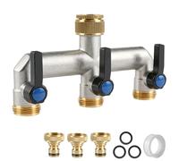 EXLECO 3-Way Brass Water Distributor G3/4 Inch Tap Valve with 1/2 Inch Adapter, Water Connection Distributor with Metal Handle, Garden Tap Connector, Brass Hose Connector for Yard Washing Machine