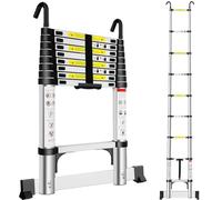 Exleiter Extendable Telescopic Ladder 2.6M, Aluminium Telescoping Ladder with Detachable Hooks and Stabiliser Bar, Adjustable Height Portable Sturdy Loft Ladder Secure Climbing for Home