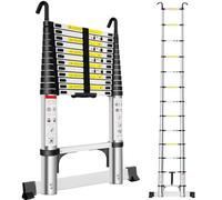 Exleiter Extendable Telescopic Ladder 3.8M, Aluminium Telescoping Ladder with Detachable Hooks and Stabiliser Bar, Adjustable Height Portable Sturdy Loft Ladder Secure Climbing for Home